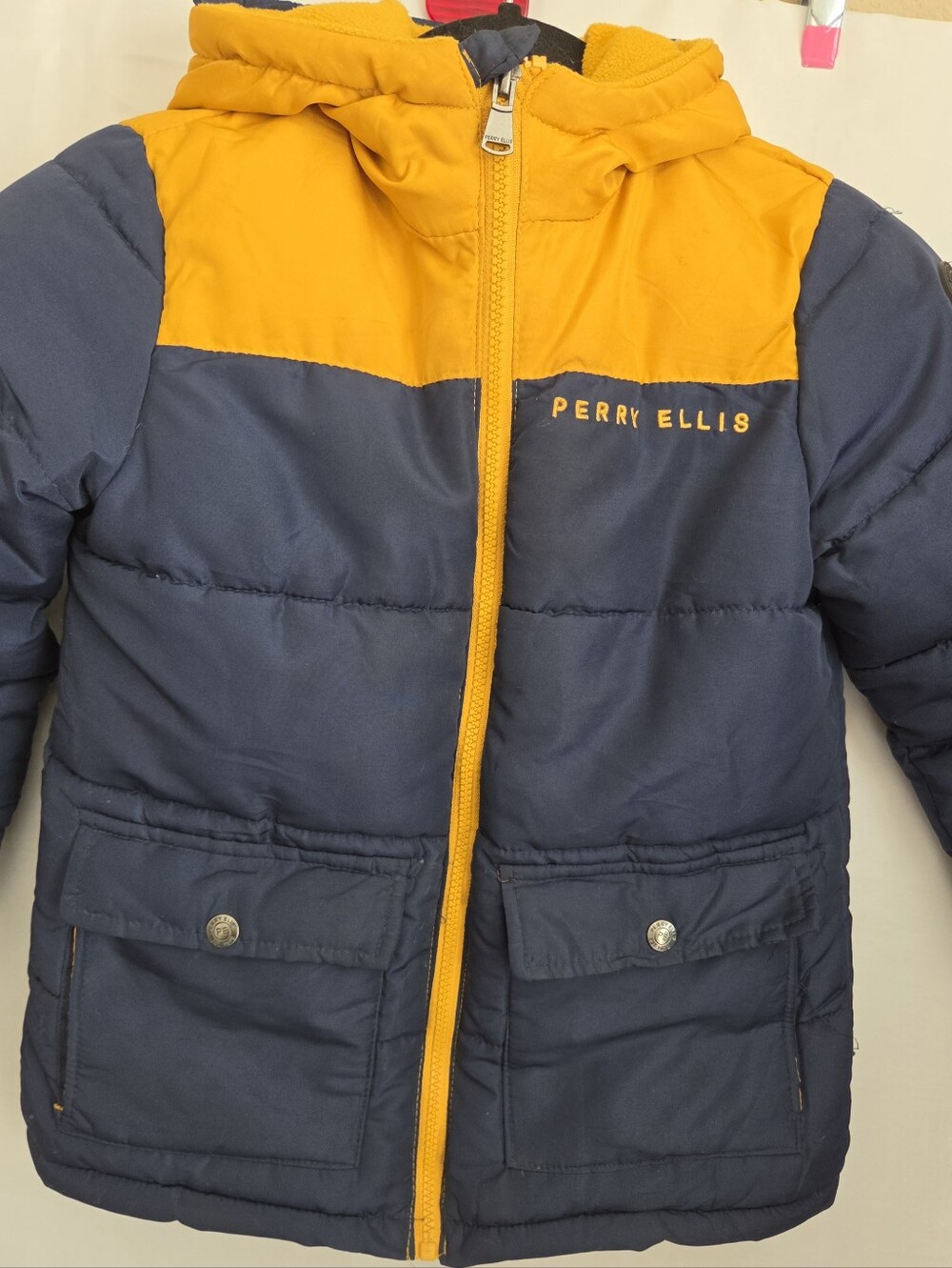 Perry Ellis Kids Navy and Yellow Hooded Puffer Jacket Boy's 7